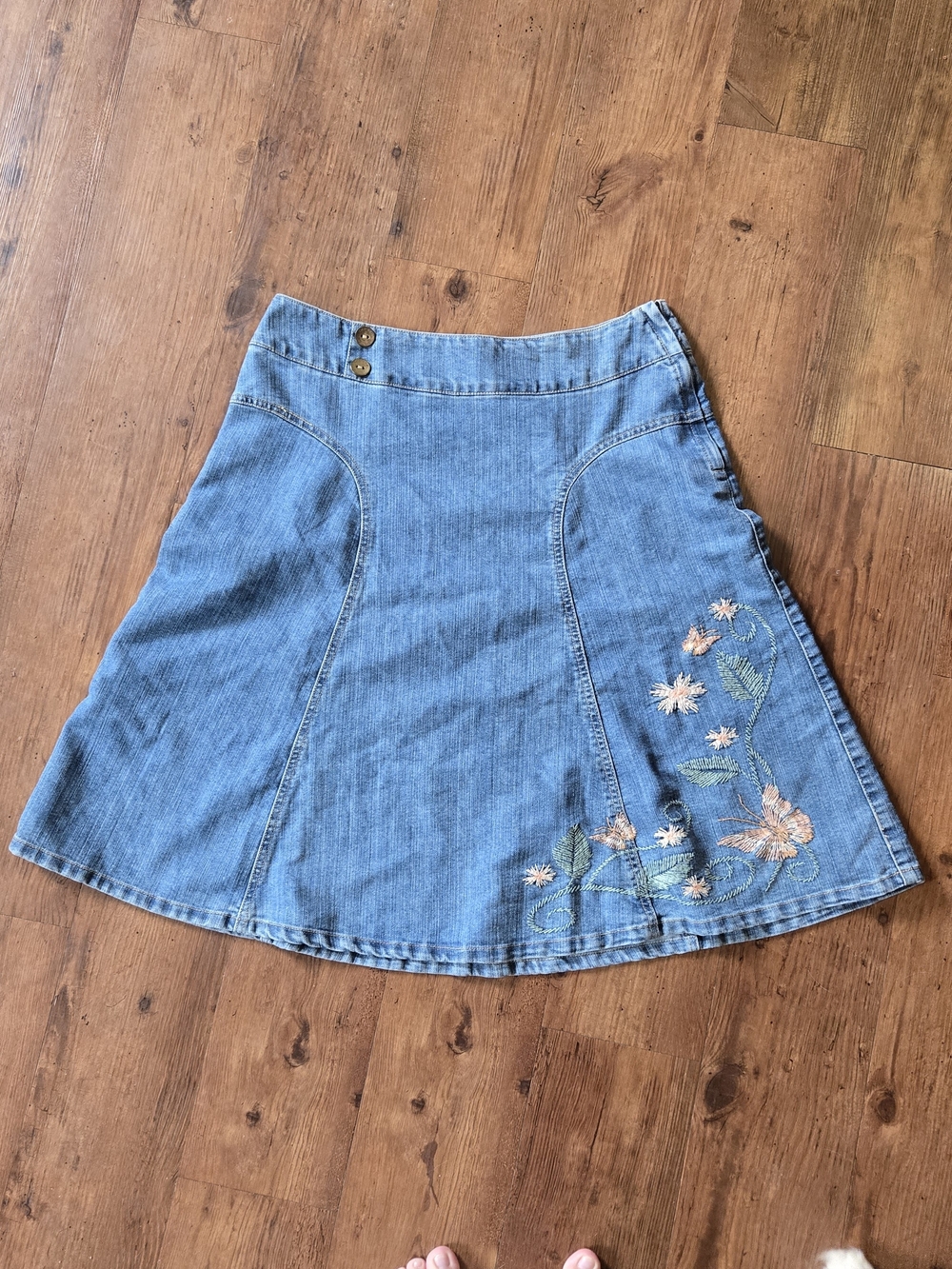 Cherokee Denim A-Line Skirt with Floral Embroidery - Blue
